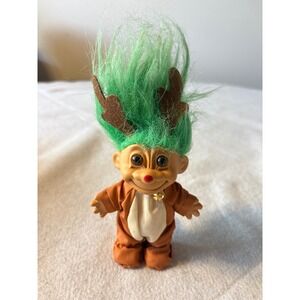 Vintage Troll Doll Green Hair Reindeer Antlers Christmas Outfit Bell Charm